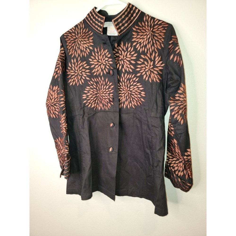 Gretchen Scott Designs Size Small Women's Jacket Black Tan Embroidered Button Up - Picture 2 of 5
